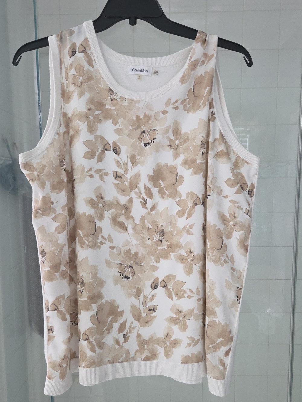 Calvin Klein White Tank Top with Beige Floral Print